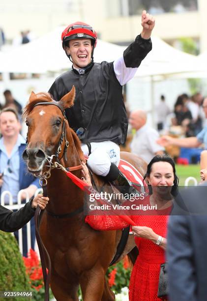 Jordan Childs riding Written By reacts after winning Race 7 Blue Diamond Stakes during Melbourne Racing at Caulfield Racecourse on February 24, 2018...