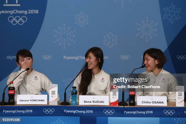 Haruna Yoneyama, Sena Suzuki and Chiho Osawa of Japan Women's Ice Hockey team speak to the media during a press conference on day 15 of the...