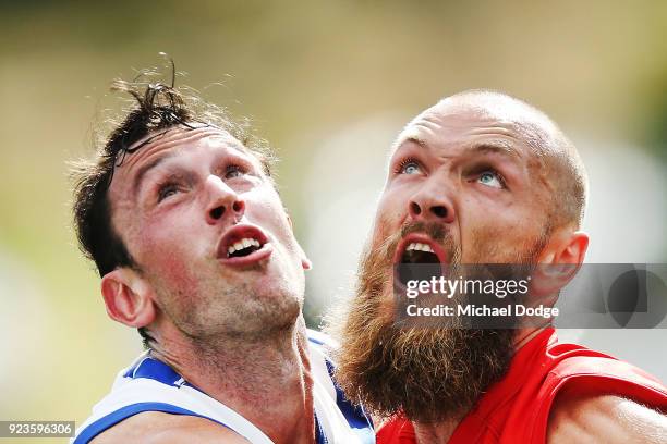 Max Gawn of the Demons and Todd Goldstein of the Kangaroos compete for the ball during the JLT Community Series AFL match between the North Melbourne...