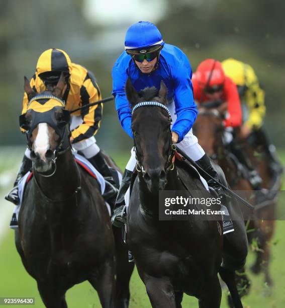 Glyn Schofield on Kementari wins race 7 The Hobartville Stakes during Sydney Racing at Rosehill Gardens on February 24, 2018 in Sydney, Australia.