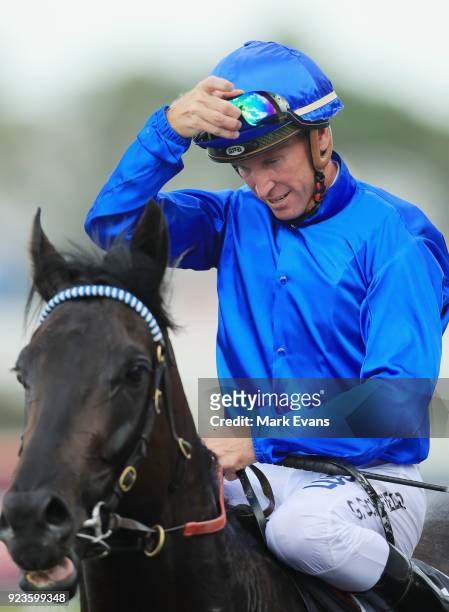 Glyn Schofield on Kementari returns to scale after winning race 7 The Hobartville Stakes during Sydney Racing at Rosehill Gardens on February 24,...