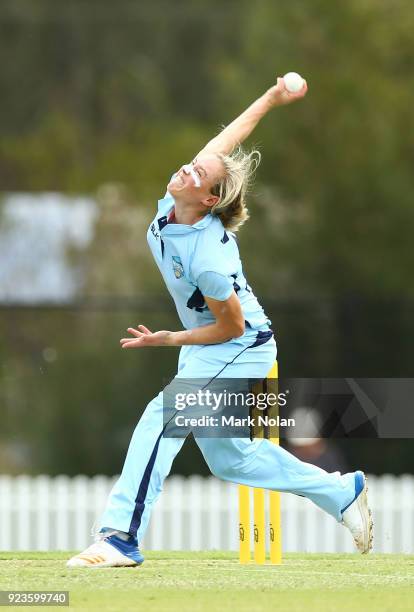 Ellyse Perry of NSW bowls during the WNCL Final match between New South Wales and Western Australia at Blacktown International Sportspark on February...