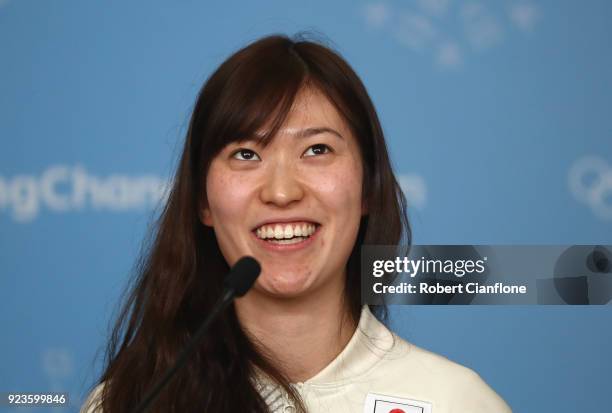 Sena Suzuki of Japan Women's Ice Hockey team speaks to the media during a press conference on day 15 of the PyeongChang 2018 Winter Olympic Games on...