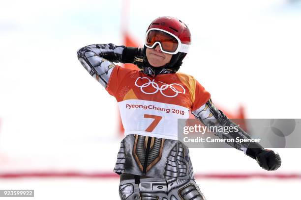 Ester Ledecka of the Czech Republic celebrates winning gold in the Ladies' Snowboard Parallel Giant Slalom Big Final on day fifteen of the...