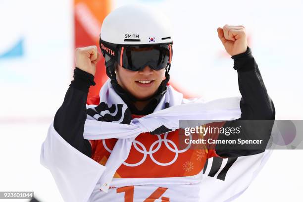 Sang-ho Lee of Korea celebrates winning silver in the Men's Snowboard Parallel Giant Slalom Big Final on day fifteen of the PyeongChang 2018 Winter...