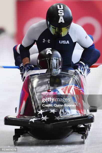 Justin Olsen, Nathan Weber, Carlo Valdes and Christopher Fogt of the United States compete during 4-man Bobsleigh Heats on day fifteen of the...