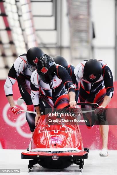 Justin Kripps, Jesse Lumsden, Alexander Kopacz and Oluseyi Smith of Canada compete during 4-man Bobsleigh Heats on day fifteen of the PyeongChang...