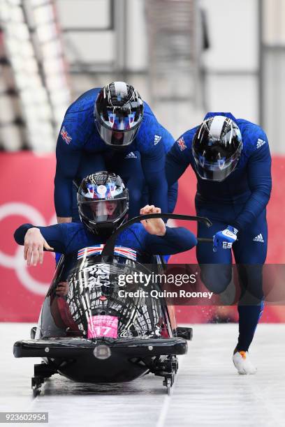 Brad Hall, Nick Gleeson, Joel Fearon and Greg Cackett of Great Britain compete during 4-man Bobsleigh Heats on day fifteen of the PyeongChang 2018...