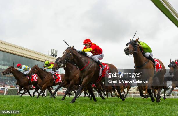 Mark Zahra riding Russian Revolution defeats Beau Mertens riding Snitty Kitty in Race 8 Oakleigh Plate during Melbourne Racing at Caulfield...