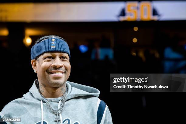 Allen Iverson is honored during the Denver Nuggets 2000's Night halftime presentation at Pepsi Center on February 23, 2018 in Denver, Colorado. NOTE...