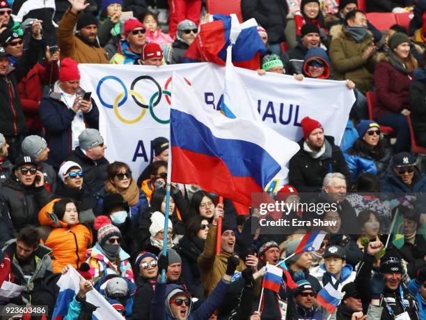 Fans wave a Russia flag during the Alpine Team Event on day 15 of the PyeongChang 2018 Winter Olympic Games at Yongpyong Alpine Centre on February...