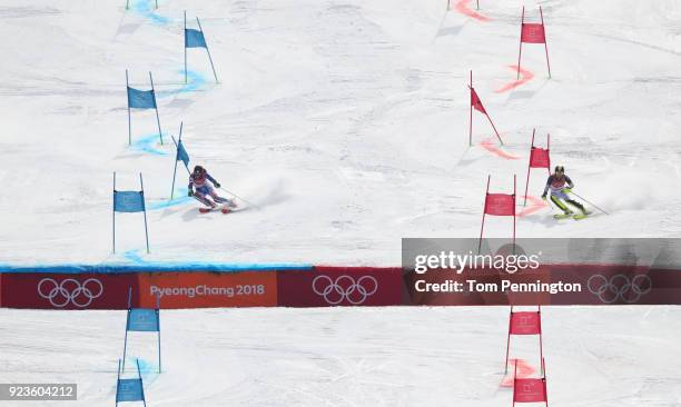 Marina Wallner of Germany and Petra Vlhova of Slovakia compete during the Alpine Team Event on day 15 of the PyeongChang 2018 Winter Olympic Games at...