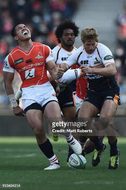 Hosea Saumaki of the Sunwolves reacts after knocking the ball on during the Super Rugby round 2 match between Sunwolves and Brumbies at the Prince...