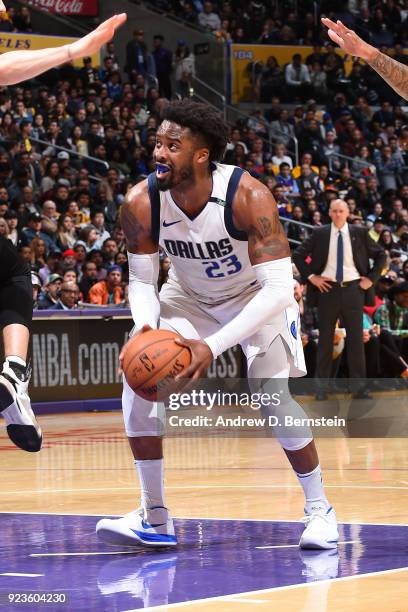 Wesley Matthews of the Dallas Mavericks handles the ball against the Los Angeles Lakers on February 23, 2017 at STAPLES Center in Los Angeles,...