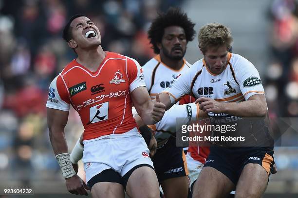 Hosea Saumaki of the Sunwolves reacts after knocking the ball on during the Super Rugby round 2 match between Sunwolves and Brumbies at the Prince...