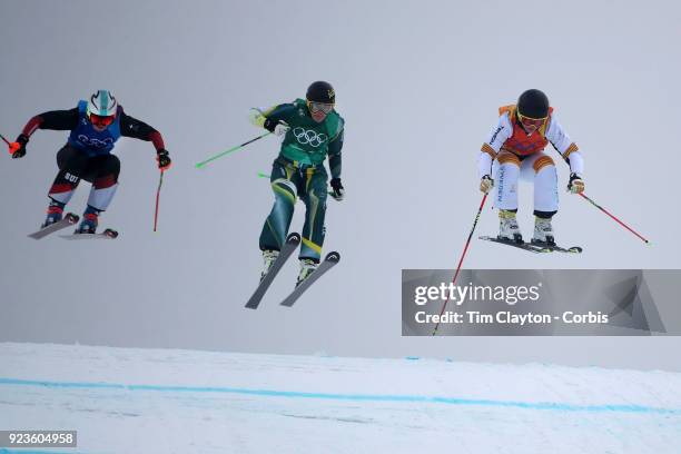 Lisa Andersson of Sweden, Sami Kennedy-Sim of Australia and Sanna Luedi of Switzerland in action in the Small Final during the Freestyle...