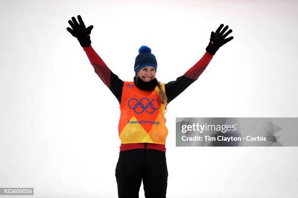 Fanny Smith of Switzerland celebrates her bronze medal during the Freestyle Skiing-Ladies' Ski Cross competition at Phoenix Snow Park on February 23,...