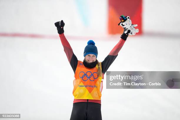 Fanny Smith of Switzerland celebrates her bronze medal during the Freestyle Skiing-Ladies' Ski Cross competition at Phoenix Snow Park on February 23,...