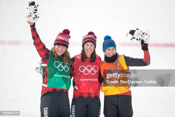 Silver medal winner Brittany Phelan of Canada, gold medal winner Kelsey Serwa of Canada and bronze medal winner Fanny Smith of Switzerland during...