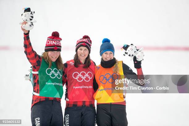Silver medal winner Brittany Phelan of Canada, gold medal winner Kelsey Serwa of Canada and bronze medal winner Fanny Smith of Switzerland during...