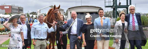 Connections of Gailo Chop after winning the Carlton Draught Peter Young Stakes at Caulfield Racecourse on February 24, 2018 in Caulfield, Australia.