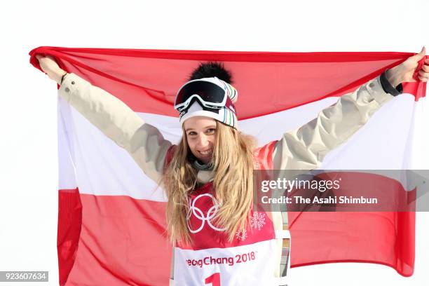 Gold medalist Anna Gasser of Austria celebrates in the victory ceremony for the Snowboard Ladies' Big Air on day thirteen of the PyeongChang Winter...