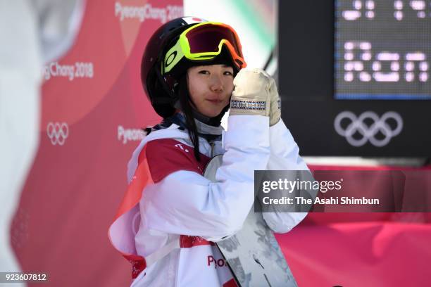 Reira Iwabuchi of Japan reacts after competing in the third jump during the Snowboard Ladies' Big Air Final on day thirteen of the PyeongChang Winter...