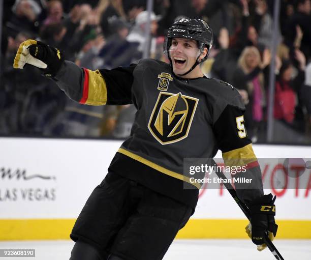 David Perron of the Vegas Golden Knights reacts after he was credited with an empty-net goal after the Vancouver Canucks put the puck into their own...