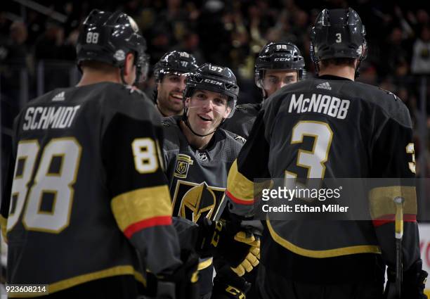 David Perron of the Vegas Golden Knights reacts after he was credited with an empty-net goal after the Vancouver Canucks put the puck into their own...