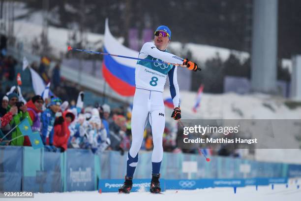 Iivo Niskanen of Finland celebrates winning the gold medal during the Men's 50km Mass Start Classic on day 15 of the PyeongChang 2018 Winter Olympic...