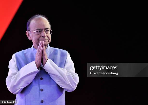 Arun Jaitley, India's finance minister, arrives on stage during the ET Global Business Summit in New Delhi, India, on Saturday, Feb. 24, 2018. The...