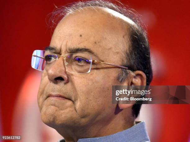 Arun Jaitley, India's finance minister, pauses during the ET Global Business Summit in New Delhi, India, on Saturday, Feb. 24, 2018. The summit runs...