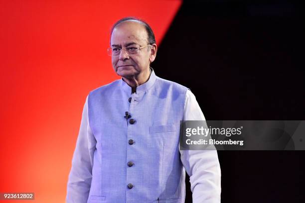 Arun Jaitley, India's finance minister, arrives on stage during the ET Global Business Summit in New Delhi, India, on Saturday, Feb. 24, 2018. The...