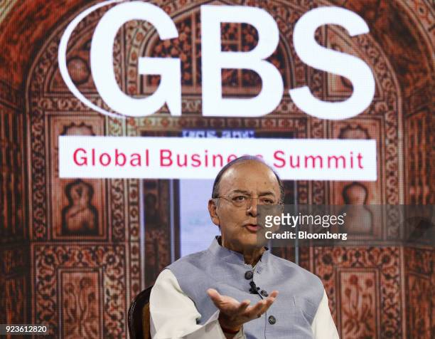 Arun Jaitley, India's finance minister, speaks during the ET Global Business Summit in New Delhi, India, on Saturday, Feb. 24, 2018. The summit runs...