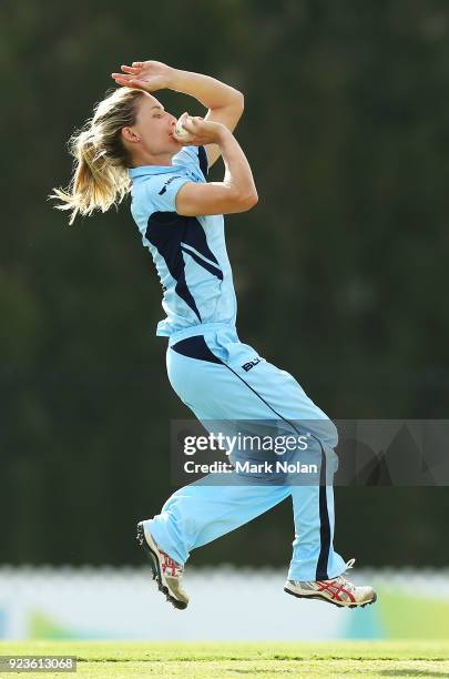 Nicola Carey of NSW bowls during the WNCL Final match between New South Wales and Western Australia at Blacktown International Sportspark on February...