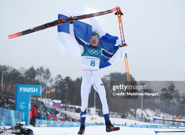 Iivo Niskanen of Finland celebrates winning the gold medal during the Men's 50km Mass Start Classic on day 15 of the PyeongChang 2018 Winter Olympic...