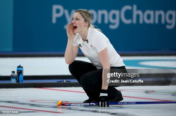 Lauren Gray of Great Britain shouts instructions during the women's curling semifinal game between Sweden and Great Britain on day fourteen of the...