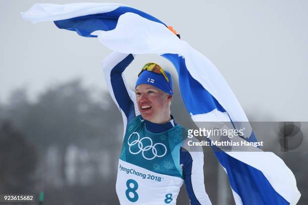 Iivo Niskanen of Finland celebrates winning the gold medal during the Men's 50km Mass Start Classic on day 15 of the PyeongChang 2018 Winter Olympic...