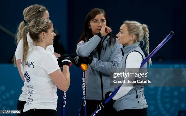 Lauren Gray, Vicki Adams, Eve Muirhead and Anna Sloan of Great Britain during the women's curling semifinal game between Sweden and Great Britain on...