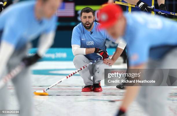 John Landsteiner of the United States delivers a stone against Sweden during the Curling Men's Gold Medal game on day fifteen of the PyeongChang 2018...