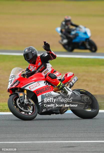 Troy Bayliss of Queensland and Ducati Panigale Final Edition celebrates after finishing second in the YMF Australian Superbike Championship - round...