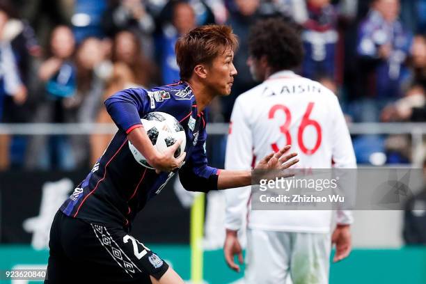 Nagasawa Shun of Gamba Osaka celebrates his scoring during the J.League J1 match between Gamba Osaka and Nagoya Grampus at Suita City Football...