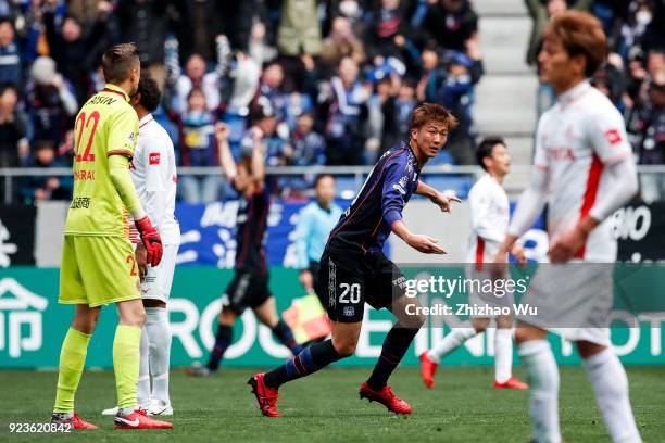 Nagasawa Shun of Gamba Osaka celebrates his scoring during the J.League J1 match between Gamba Osaka and Nagoya Grampus at Suita City Football...