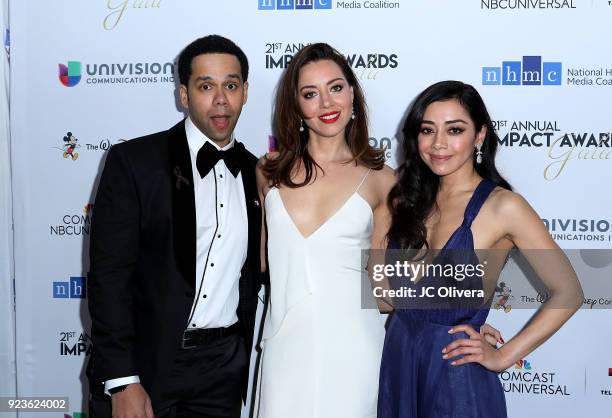 Actors Vladimir Caamano, Aubrey Plaza and Aimee Garcia attend the 21st Annual National Hispanic Media Coalition Impact Awards Gala at Regent Beverly...
