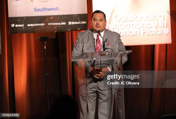 Elias Ontiveros speaks onstage during the 21st Annual National Hispanic Media Coalition Impact Awards Gala at Regent Beverly Wilshire Hotel on...