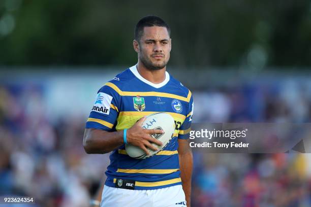 Jarryd Hayne of the Eels warms up during the NRL Trial Match between the Newcastle Knights and the Parramatta Eels at Maitland No 1 Showground on...