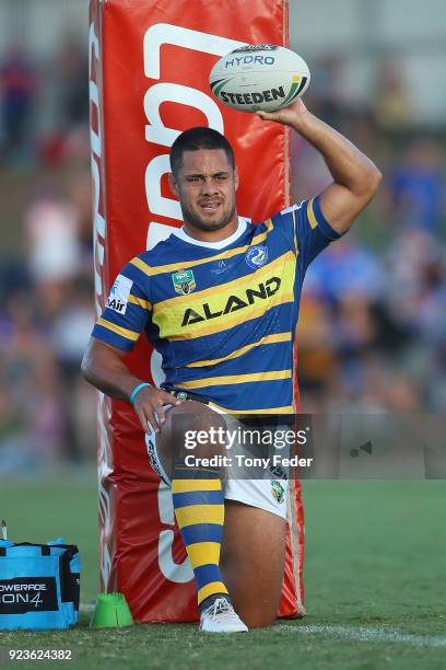 Jarryd Hayne of the Eels warms up during the NRL Trial Match between the Newcastle Knights and the Parramatta Eels at Maitland No 1 Showground on...