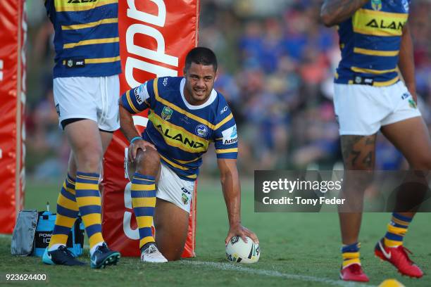 Jarryd Hayne of the Eels warms up during the NRL Trial Match between the Newcastle Knights and the Parramatta Eels at Maitland No 1 Showground on...