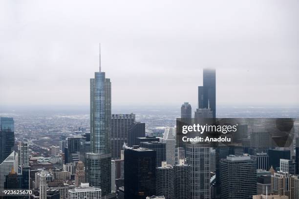 Skyline view of Chicago from the Chicago observation deck, on the 94th floor of the John Hancock Building, located at the Michigan Avenue, in...