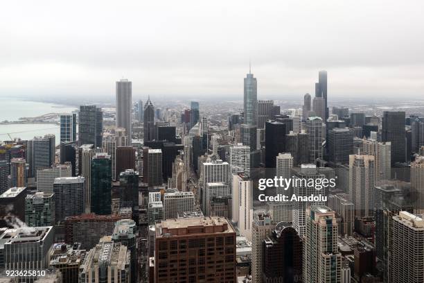 Skyline view of Chicago from the Chicago observation deck, on the 94th floor of the John Hancock Building, located at the Michigan Avenue, in...